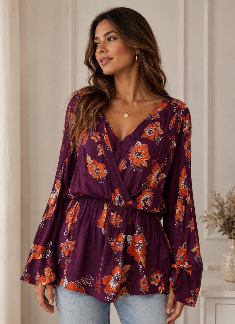 Free People Womens Tuscan Floral Dreams Tunic Blouse Tie Cuff Boho Festival Sz S